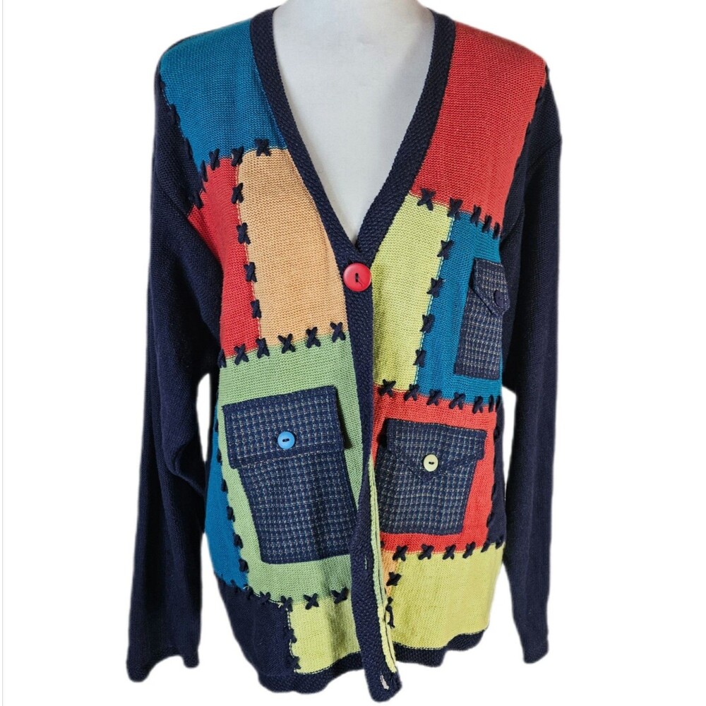 Lucia Vintage Patchwork Knit Cardigan‎ Women's Large Colorblock Art Teacher Folk